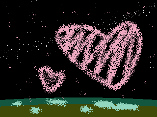 a view of space from high above a planet, with roughly-drawn, chalky hearts floating in front of the stars